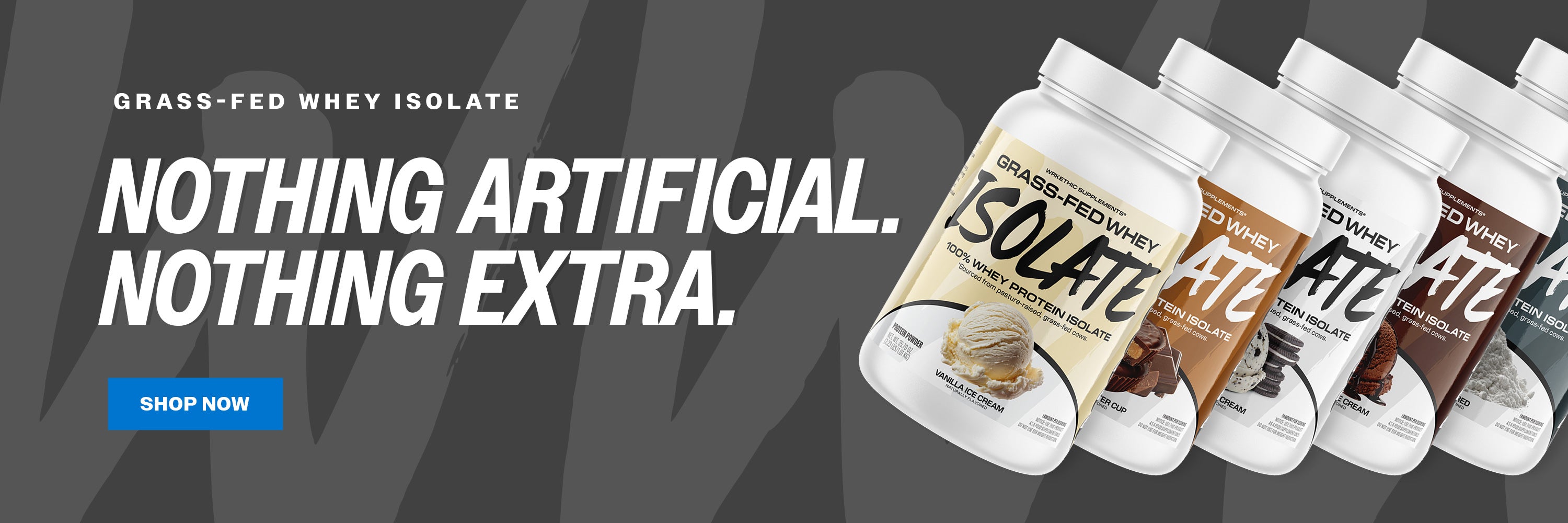 Supplement bottles with 'Grass-Fed Whey Isolate' text on a dark background